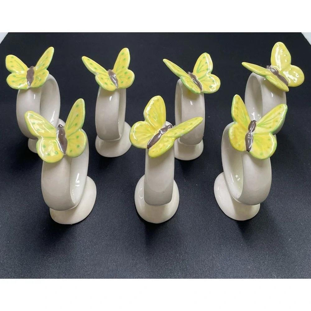 Vintage 1977 Porcelain Yellow & Green Butterfly Napkin Rings Holders Set of 7